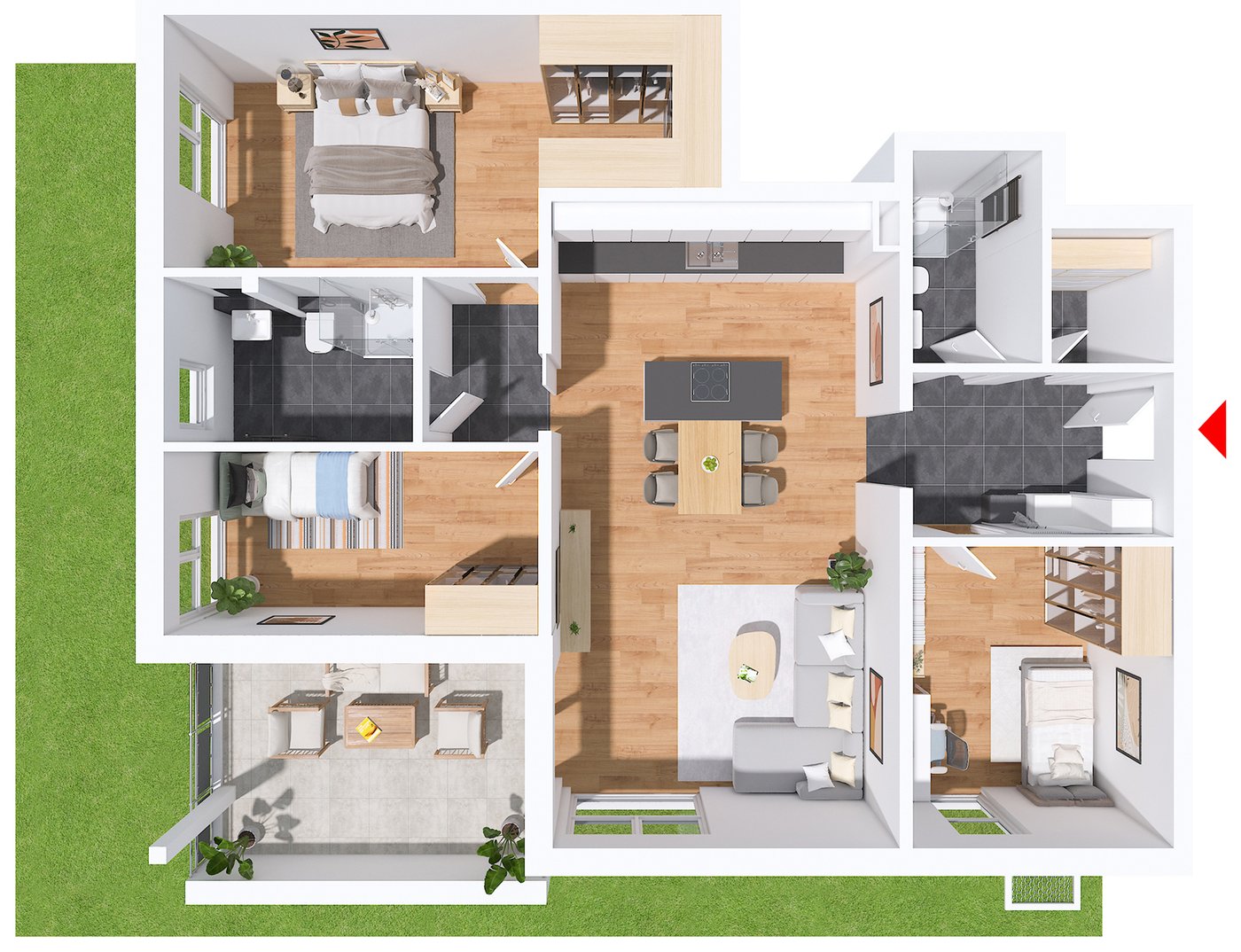 Beispiel-Grundriss einer Erdgeschosswohnung, 113 m²