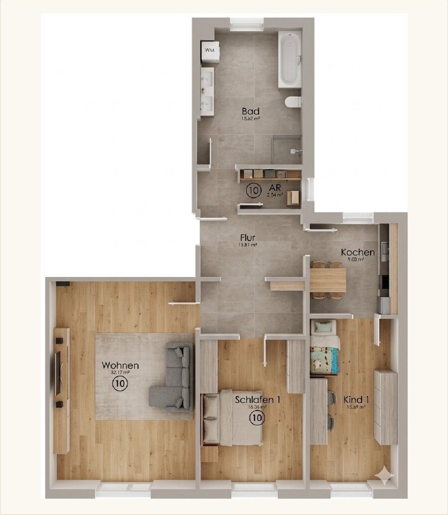 Grundriss Wohnung 10 — Dachgeschoss, 3 Zimmer, 107,22 m²