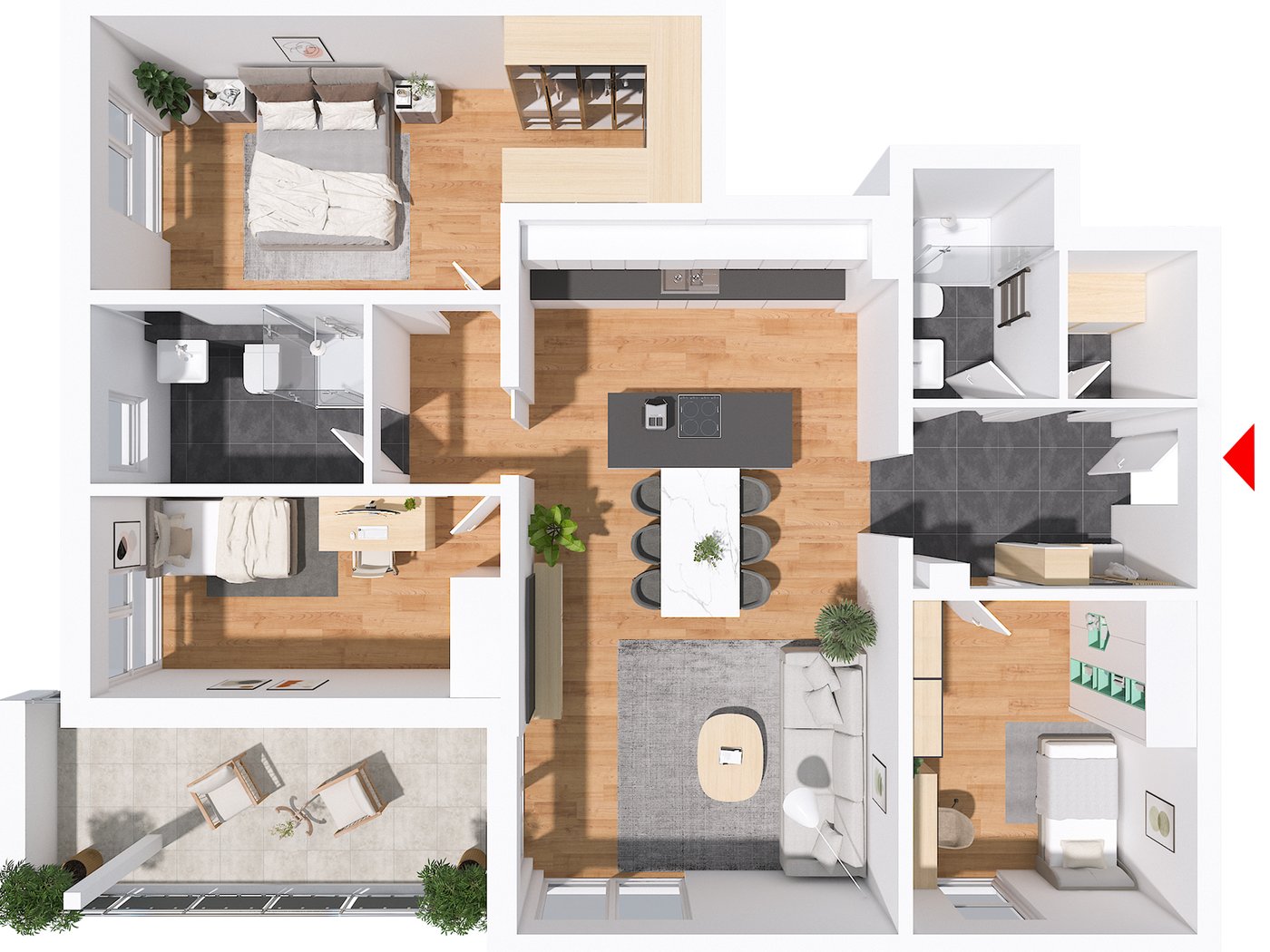 Beispiel-Grundriss einer Obergeschosswohnung, 112 m²