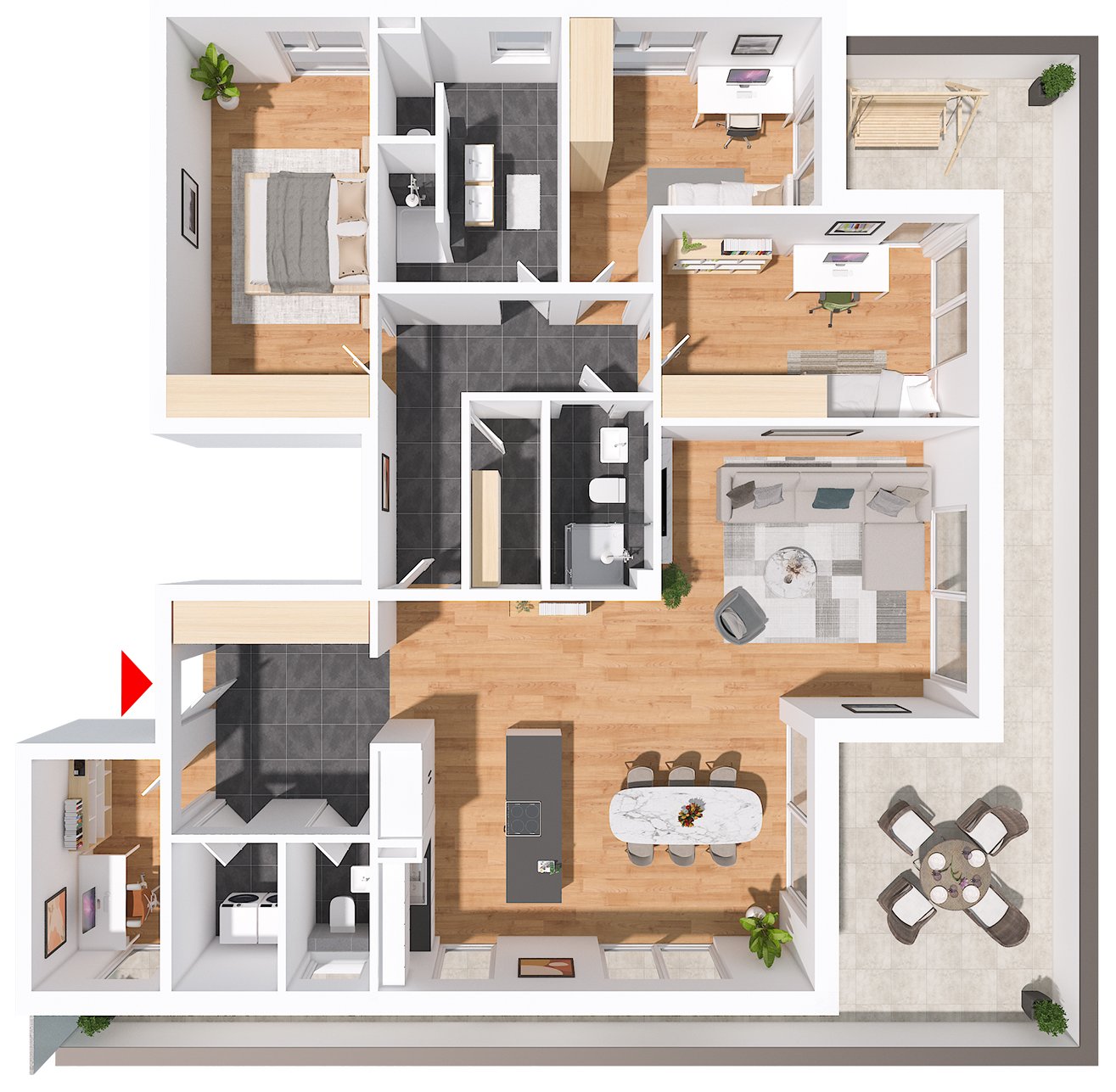 Beispiel-Grundriss einer Penthouse-Wohnung, 174 m²