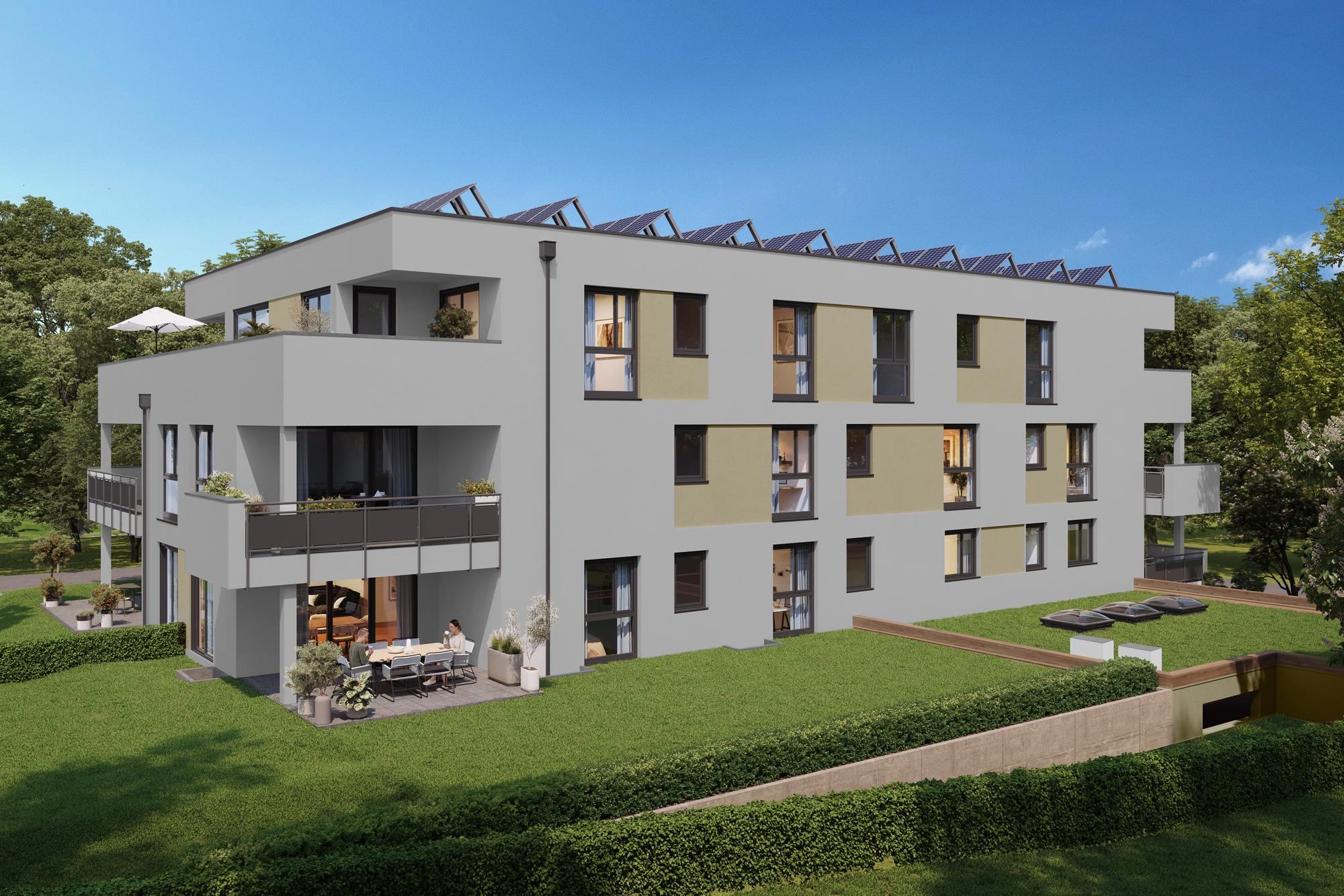 Neubau Stauferquartier in Bad Wimpfen – Ansicht mit Terrasse und Garten